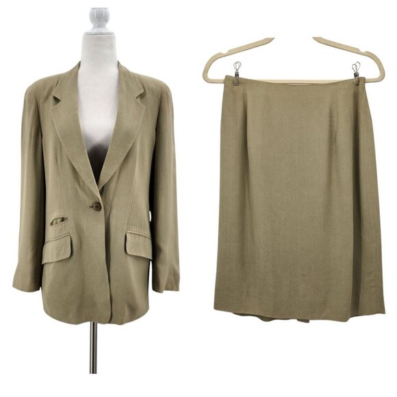 Vintage The Works Saks Fifth Avenue Tan Suit Jacket & Skirt Set Womens 6 - Picture 1 of 14